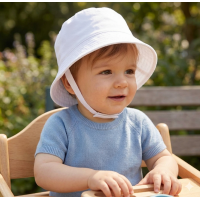 0192-White: Baby Plain White Bucket Hat With Chin Strap (0-12 Months)