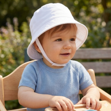 0192-White: Baby Plain White Bucket Hat With Chin Strap (0-12 Months)