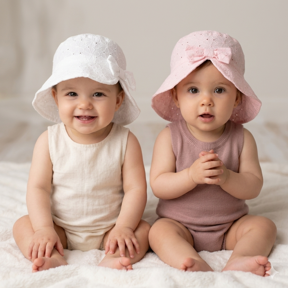 0337-2: Baby Girls Cotton Embroidered Cloche With Bow (6-18 Months) 0337-2: Baby Girls Cotton Embroidered Cloche With Bow (6-18 Months)