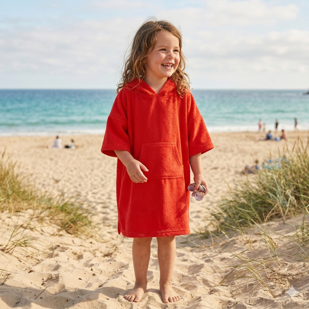 09C082/4-7: Kids Cotton Towelling Cover Up- Red (4-7 Years) 09C082/4-7: Kids Cotton Towelling Cover Up- Red (4-7 Years)
