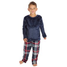 15C706: Boys Plush Top & Super Soft Printed Fleece Lounge Pant- Denim Check (3-8 Years)