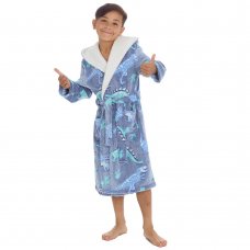 18C646: Older Boys Glow In The Dark Plush Dressing Gown With Borg Trim (7-13 Years)