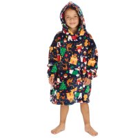 18C1066: Kids Christmas Plush Oversized Hoodie- Navy (One Size - 3-6 Years)
