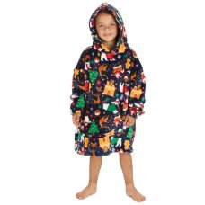 18C1066: Kids Christmas Plush Oversized Hoodie- Navy (One Size - 3-6 Years)