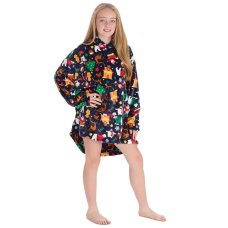18C1068: Kids Christmas Plush Oversized Hoodie- Navy (One Size - 7-13 Years)