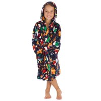 18C1070: Kids All Over Print Christmas Plush Dressing Gown- Navy (2-6 Years)