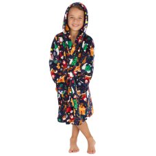 18C1070: Kids All Over Print Christmas Plush Dressing Gown- Navy (2-6 Years)