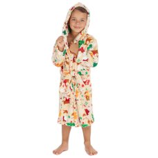18C1071: Kids All Over Print Christmas Plush Dressing Gown- Cream (2-6 Years)