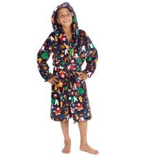 18C1072: Older Kids All Over Print Christmas Plush Dressing Gown- Navy (7-13 Years)