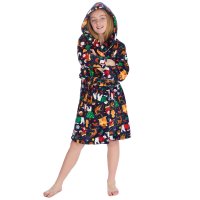 18C1072: Older Kids All Over Print Christmas Plush Dressing Gown- Navy (7-13 Years)