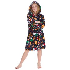 18C1072: Older Kids All Over Print Christmas Plush Dressing Gown- Navy (7-13 Years)