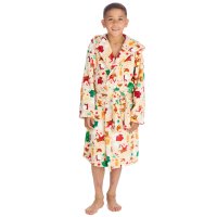 18C1073: Older Kids All Over Print Christmas Plush Dressing Gown- Cream (7-13 Years)