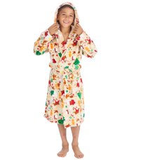 18C1073: Older Kids All Over Print Christmas Plush Dressing Gown- Cream (7-13 Years)
