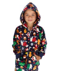 18C1074: Kids All Over Print Christmas Plush Onesie- Navy (2-6 Years)