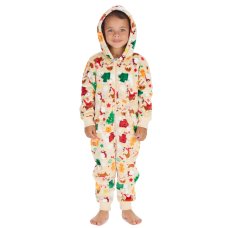 18C1075: Kids All Over Print Christmas Plush Onesie- Cream (2-6 Years)