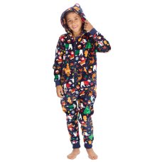 18C1076: Older Kids All Over Print Christmas Plush Onesie- Navy (7-13 Years)
