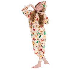 18C1077: Older Kids All Over Print Christmas Plush Onesie- Cream (7-13 Years)
