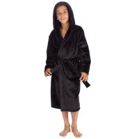 18C991: Older Kids Plain Black Plush Dressing Gown (9-16 Years)