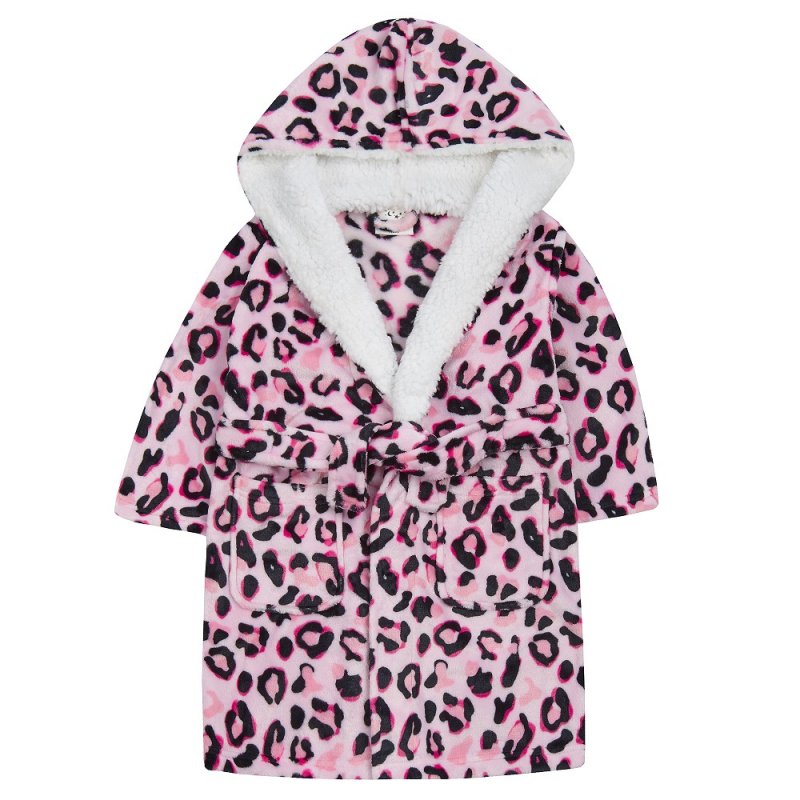 18C649: Infant Girls AOP Leopard Dressing Gown With Borg Trim (2-6 Years)