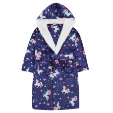 18C652: Older Girls AOP Unicorn Dressing Gown With Borg Trim (7-13 Years)