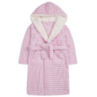 18C736: Older Girls Pink Jacquard Plush Dressing Gown With Borg Trim (7-13 Years)