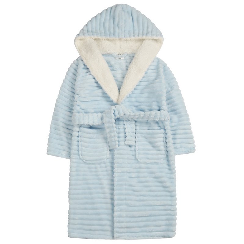 18C737: Older Girls Ice Blue Jacquard Plush Dressing Gown With Borg Trim (7-13 Years)