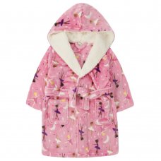 18C770: Infant Girls  All Over Ballerina Print Plush Dressing Gown With Borg Trim (2-6 Years)