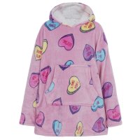 18C827: Older Girls Heart Print Over Sized Plush Hoodie (One Size - 7-13 Years)