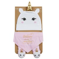 19C224: Baby Girls Novelty Unicorn Hat, Bib & Socks Set (0-6 Months)