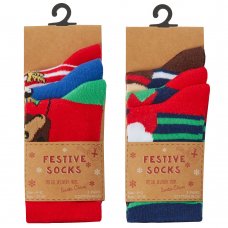 42B776: Kids 3 Pack Christmas Cotton Rich Design Ankle Socks (Assorted Sizes)