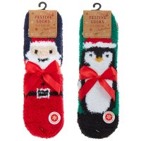 42B777: Kids 2 Pack Christmas Cosy Socks With Grippers
