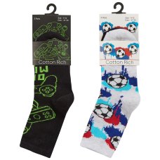 42B826: Boys 3 Pack Cotton Rich Design Ankle Socks (Assorted Sizes)