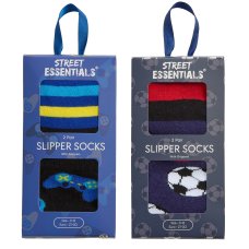 42B830: Boys Boxed 2 Pack Cotton Rich Design Ankle Socks with Grippers (Assorted Sizes)