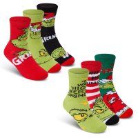 42B858: Kids Christmas Grinch 3 Pack Cotton Rich Design Ankle Socks (Assorted Sizes)