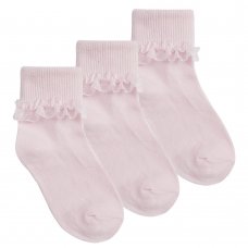 43B188: Girls 3 Pack Pink Frilly Lace TOT Socks- Assorted