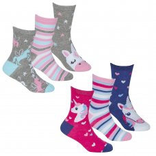43B736: Girls 3 Pack Cotton Rich Design Ankle Socks (Assorted Sizes)