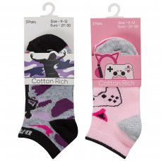 43B778: Girls 3 Pair Design Trainer Liner Socks (Assorted Sizes)