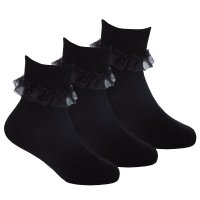 43B858: Girls 3 Pack Black Frilly Lace TOT Socks- Assorted