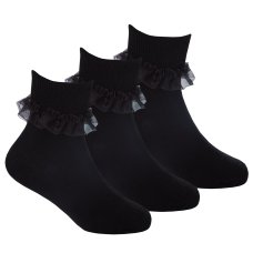 43B858: Girls 3 Pack Black Frilly Lace TOT Socks- Assorted