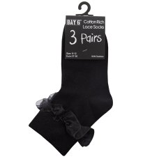 43B858: Girls 3 Pack Black Frilly Lace TOT Socks- Assorted