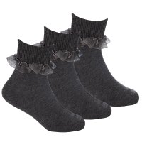 43B859: Girls 3 Pack Grey Frilly Lace TOT Socks- Assorted