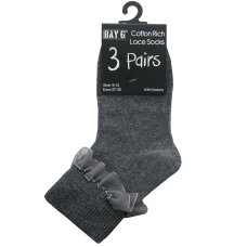 43B859: Girls 3 Pack Grey Frilly Lace TOT Socks- Assorted