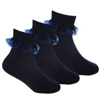43B860: Girls 3 Pack Navy Frilly Lace TOT Socks- Assorted