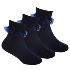 43B860: Girls 3 Pack Navy Frilly Lace TOT Socks- Assorted