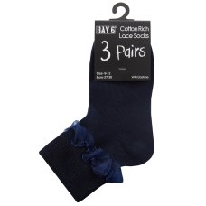 43B860: Girls 3 Pack Navy Frilly Lace TOT Socks- Assorted