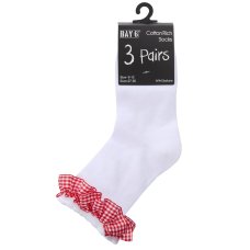 43B861: Girls 3 Pack Red Gingham Trim Lace Socks- Assorted