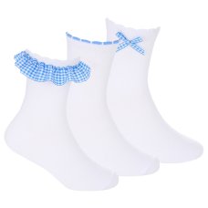 43B862: Girls 3 Pack Blue Gingham Trim Lace Socks- Assorted