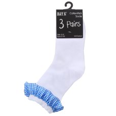 43B862: Girls 3 Pack Blue Gingham Trim Lace Socks- Assorted