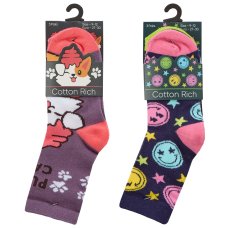 43B871: Girls 3 Pack Cotton Rich Design Ankle Socks (Assorted Sizes)