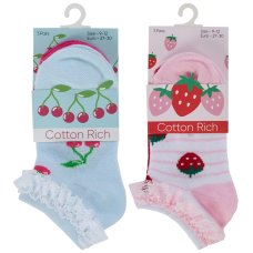 43B874: Girls 3 Pair Fruity Lace Frill Trainer Liner Socks (Assorted Sizes)